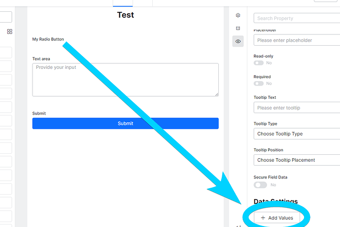 The "Add Values" button under "Data Settings" for a radio button component.