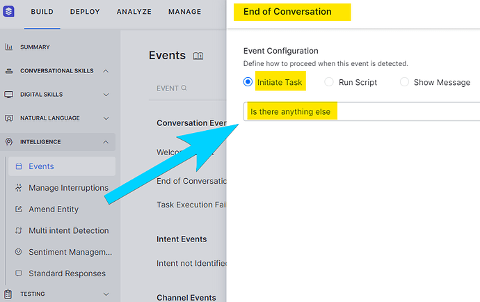 The "End of Conversation" event configuration in BotBuilder. "Initiate Task" is selected. The task is set to "Is there anything else."