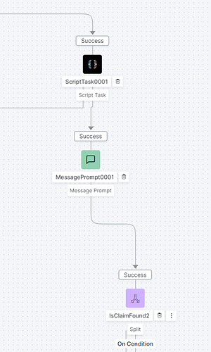 A screenshot of three nodes in a SmartAssist Experience Flow: a Script Task node, followed by a Message Prompt node, followed by a Split node.